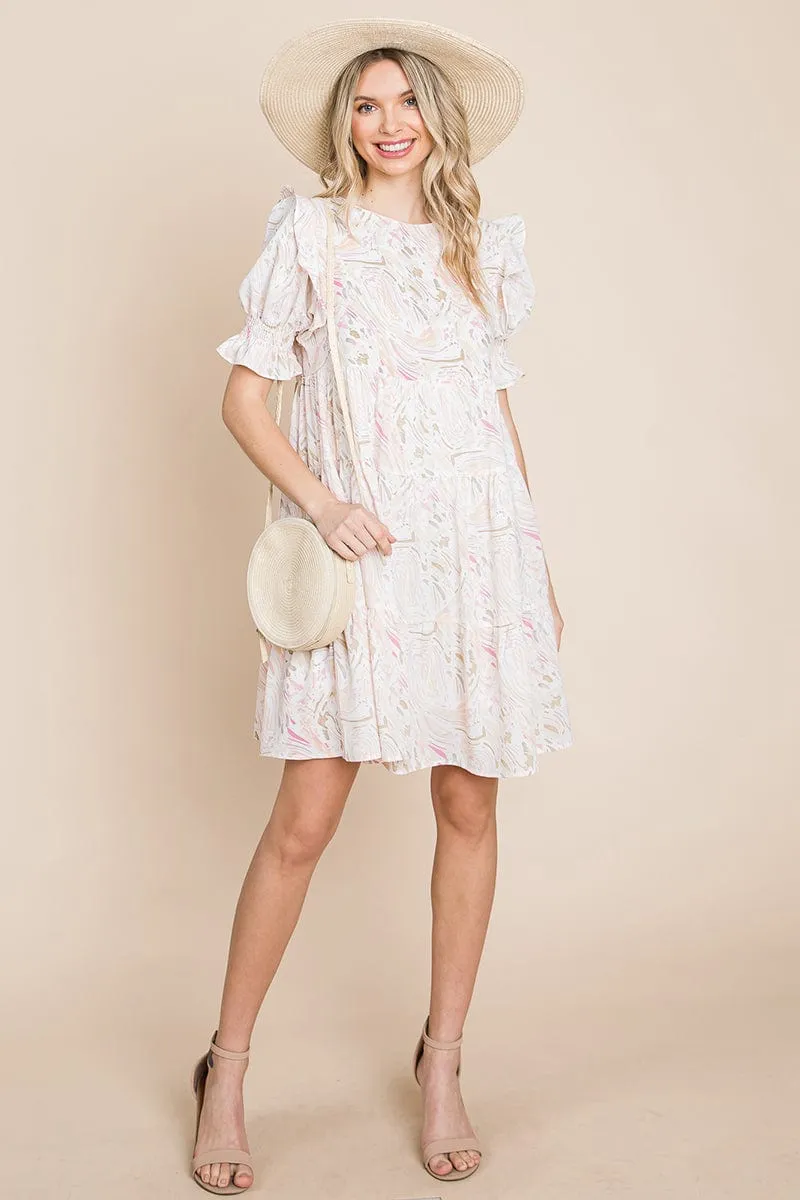 Printed Ruffle Short Sleeve Tiered Swing Dress