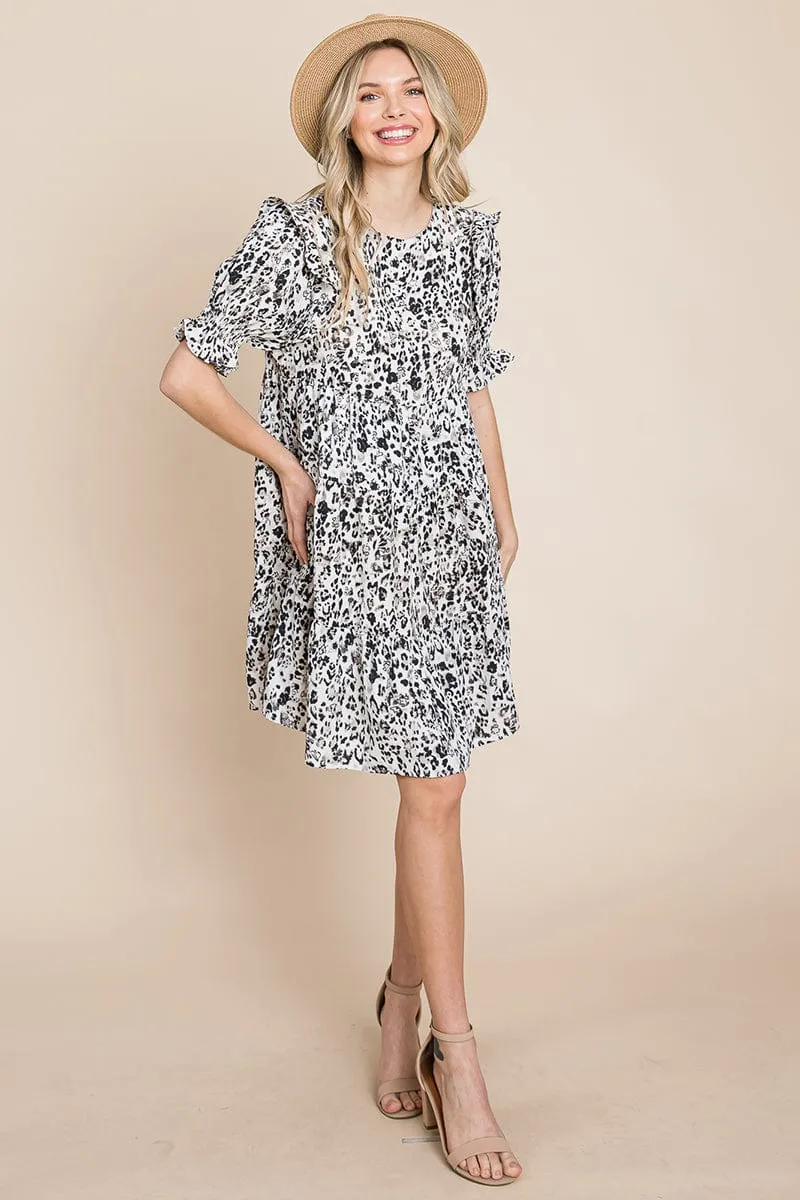 Printed Ruffle Short Sleeve Tiered Swing Dress