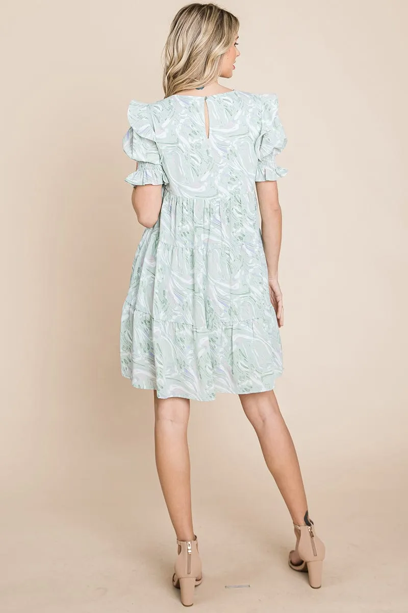 Printed Ruffle Short Sleeve Tiered Swing Dress