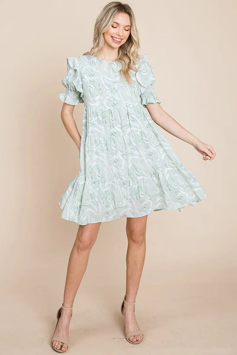 Printed Ruffle Short Sleeve Tiered Swing Dress