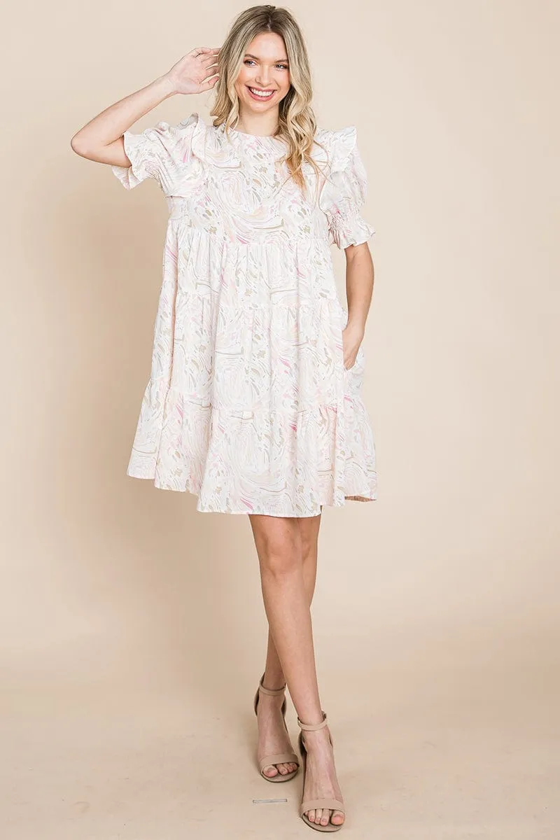 Printed Ruffle Short Sleeve Tiered Swing Dress