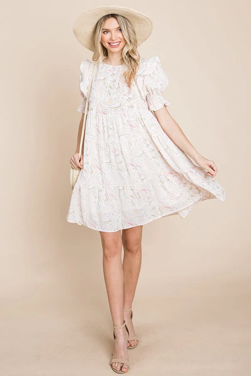 Printed Ruffle Short Sleeve Tiered Swing Dress