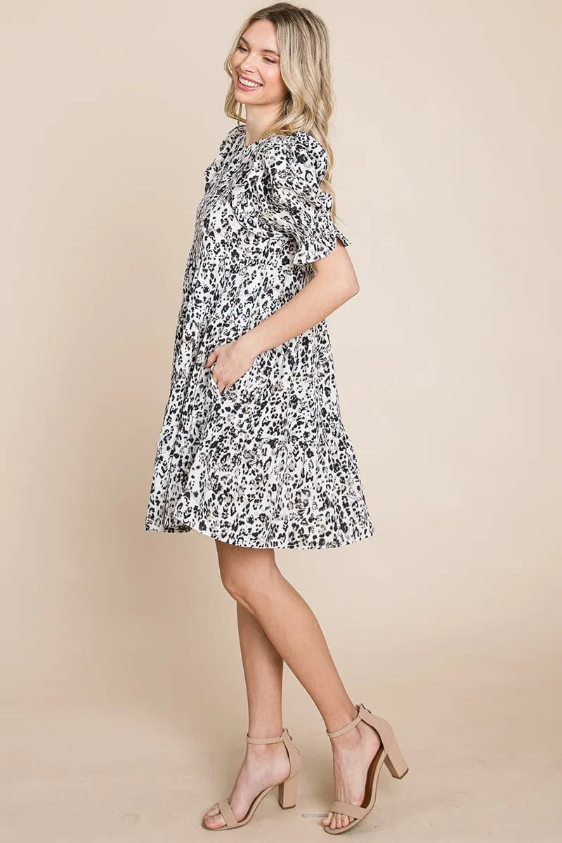 Printed Ruffle Short Sleeve Tiered Swing Dress