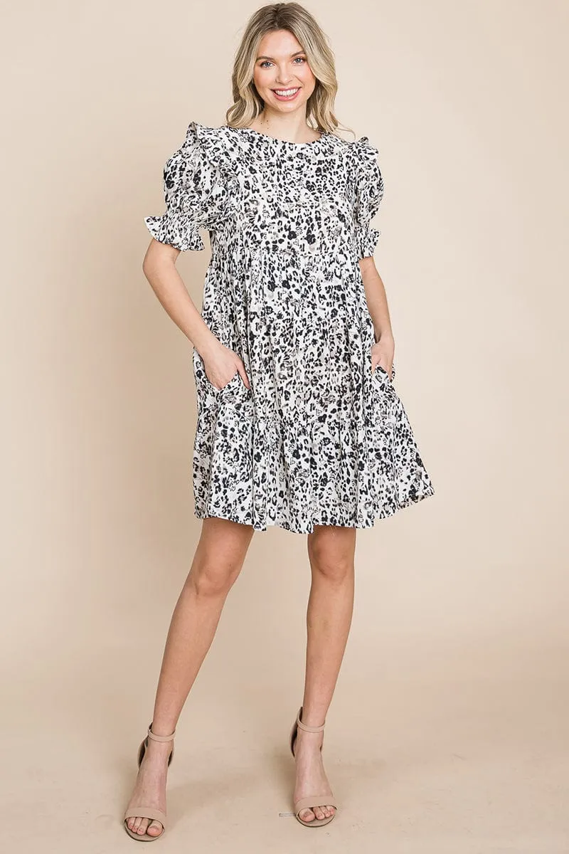 Printed Ruffle Short Sleeve Tiered Swing Dress