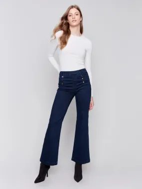 Pull-On Flare Jeans with Front Buttons - Blue Black