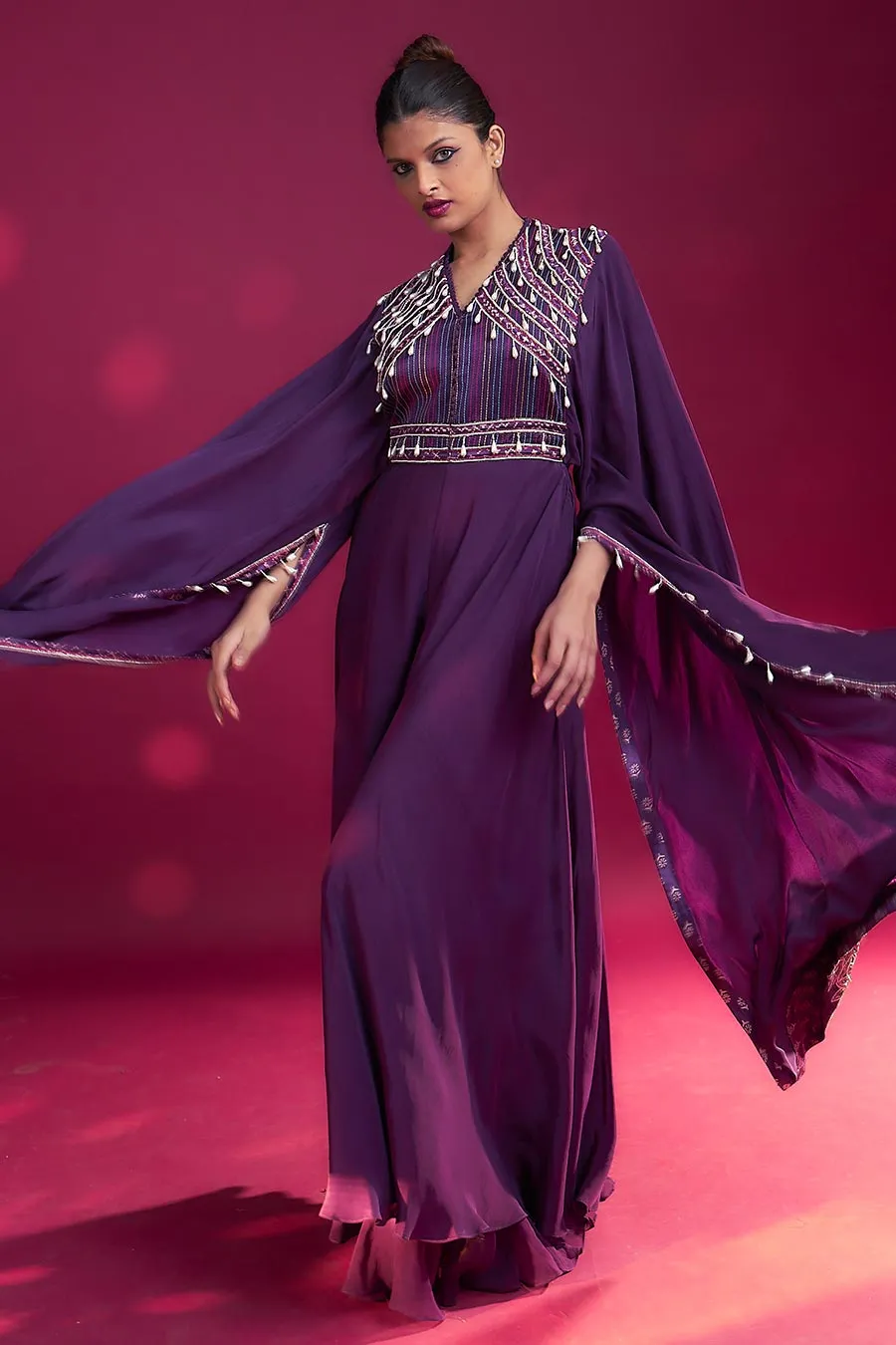 Purple Ajrakh Striped Cape Jumpsuit