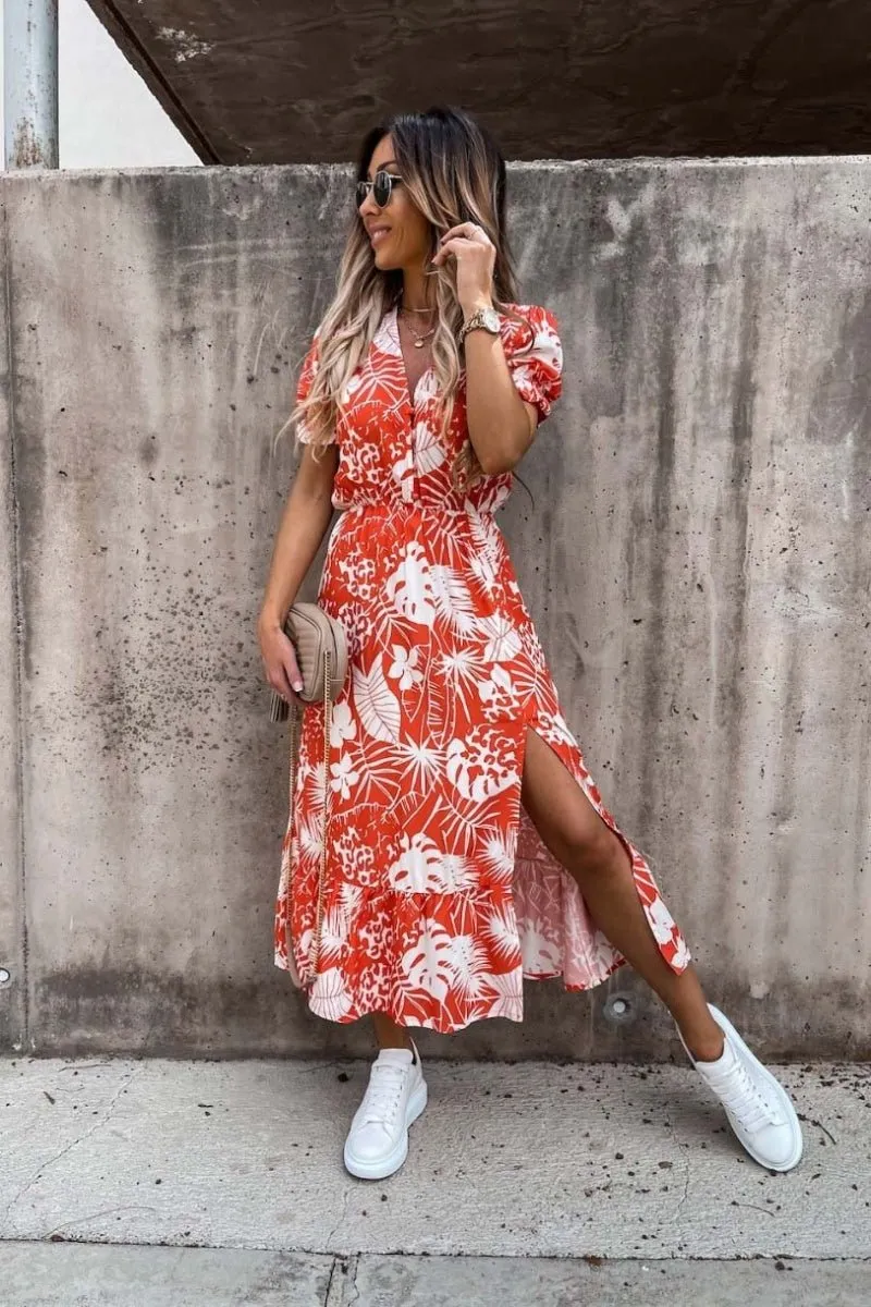 Red White Short Sleeve Floral Print Midaxi Dress