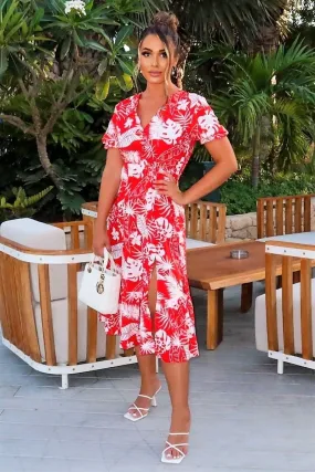 Red White Short Sleeve Floral Print Midaxi Dress