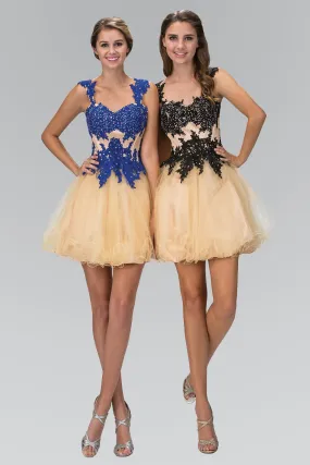 Rolled Hem Short Tulle Dress with Floral Lace Embellished Bodice GLGS2133