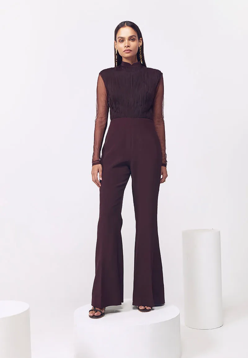 Ruched Jumpsuit with Detachable Peplum in Wine