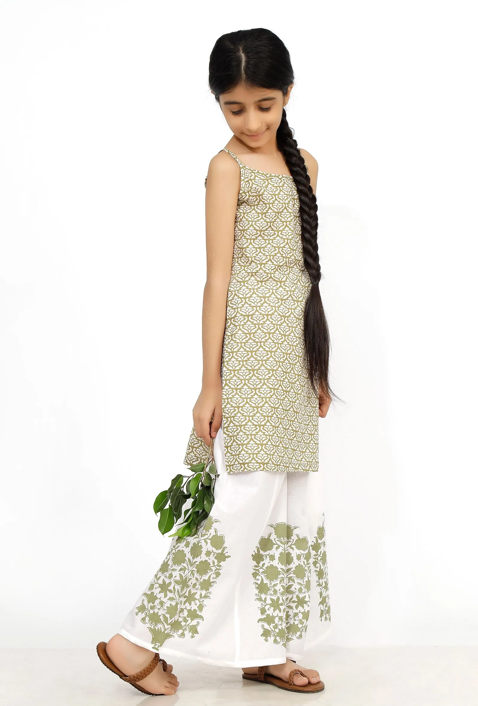 Set of 2: Sage Green Handblock Slip Kurta with Flared Pants