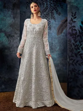 Silver Overall Embroidered Silk Anarkali Suit