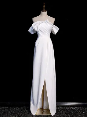 Simple White Off Shoulder Satin Long Prom Dress, White Long Formal Dress