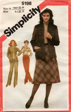 Simplicity 5198 Womens Funnel Neck Jacket Pants & Bias Skirt 1980s Vintage Sewing Pattern Size 12 UNCUT Factory Folded