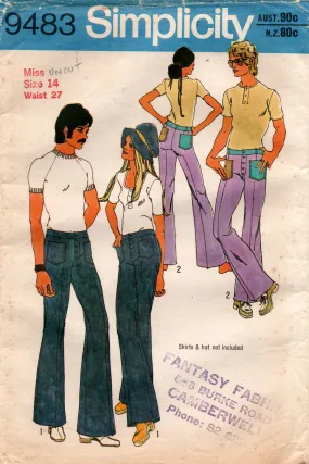 Simplicity 9483 Womens Button Fly Hip Hugger Bell Bottom Pants or Jeans 1970s Vintage Sewing Pattern Size 12