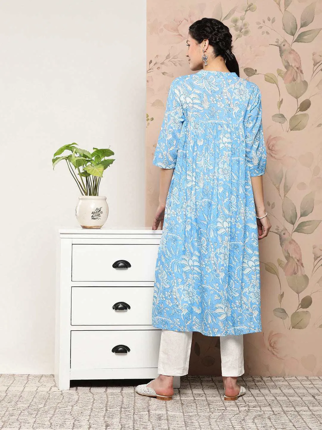 Sky Blue Cotton Floral Print Flared Kurta  - By Janasya