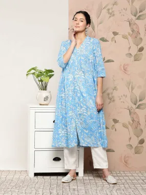 Sky Blue Cotton Floral Print Flared Kurta  - By Janasya