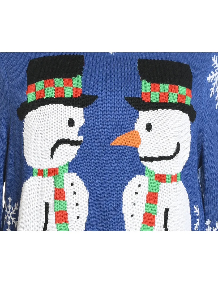 Snowman Navy Patterned Christmas Jumper - L