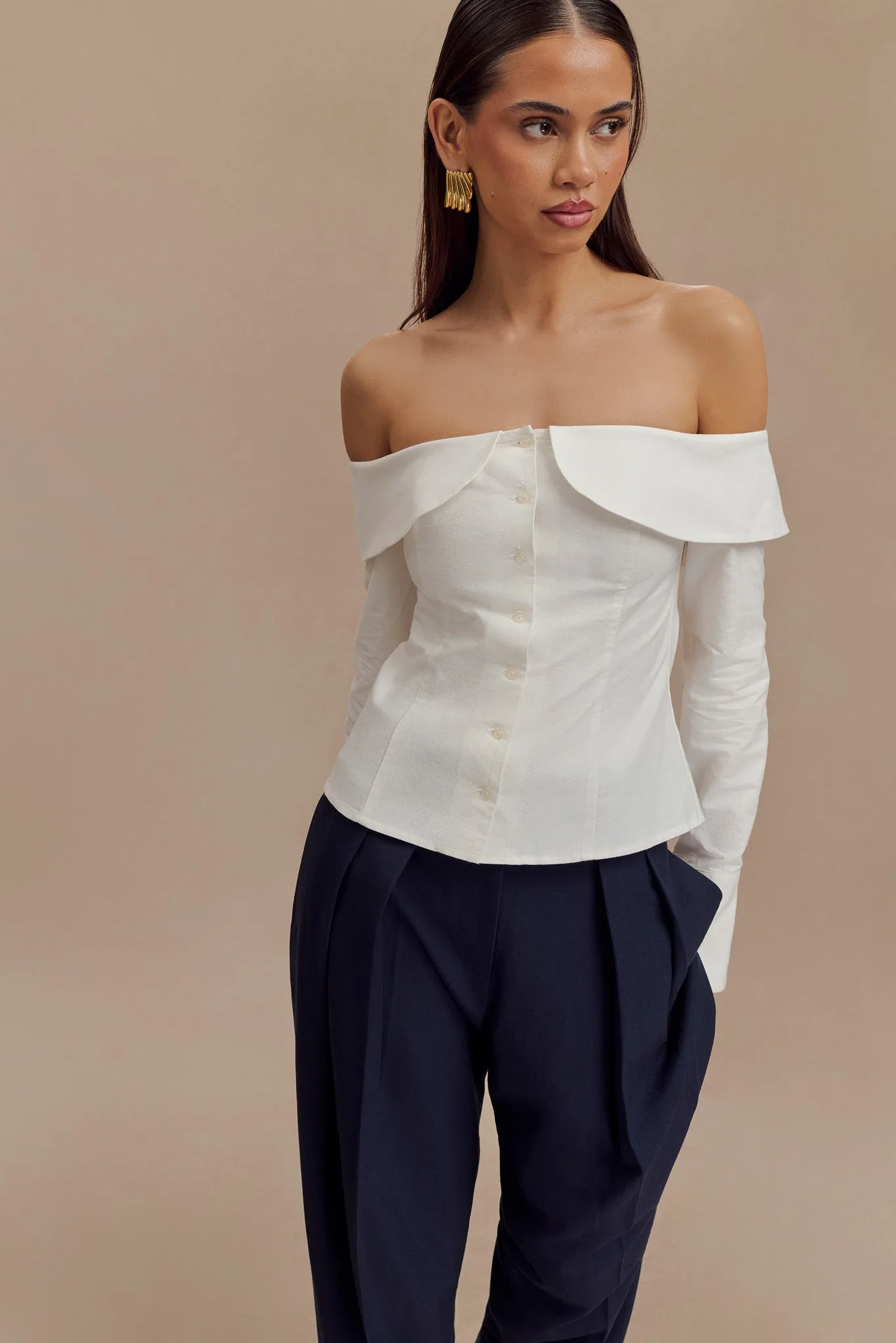 Spencer Off Shoulder Shirting Top - White