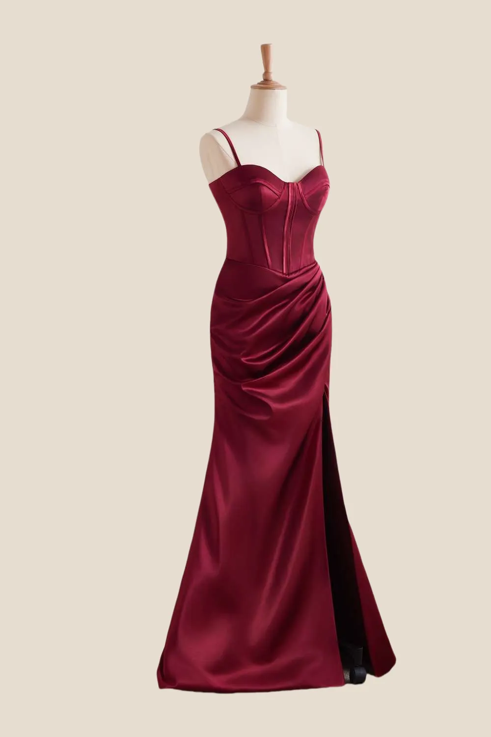 Straps Burgundy Ruched Long Dress with Slit