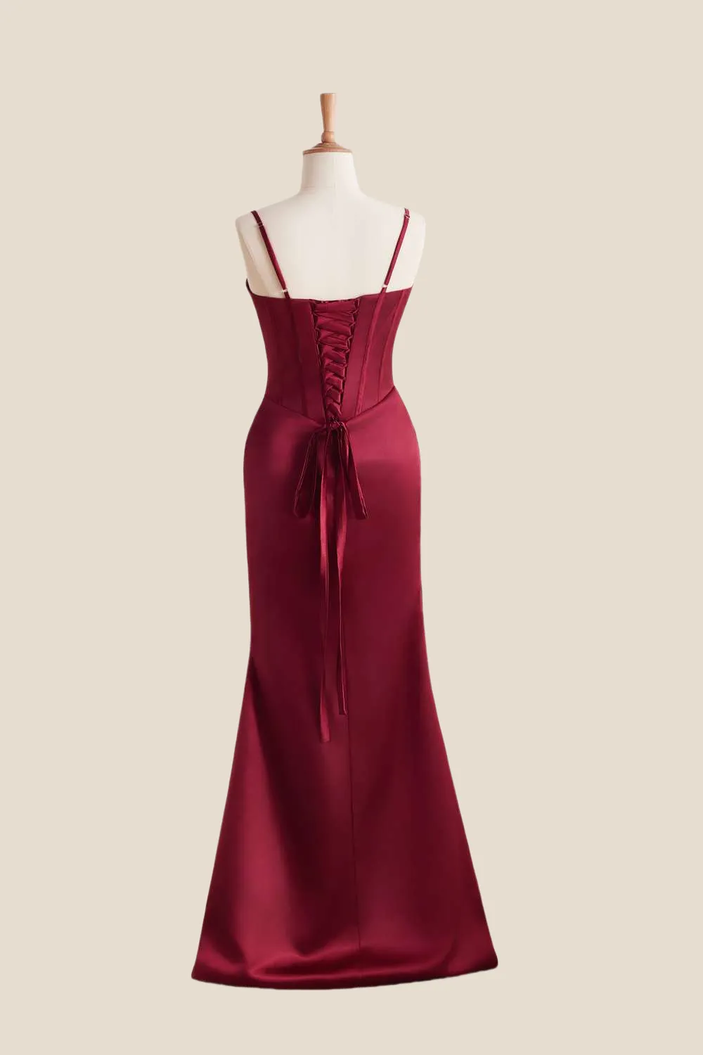 Straps Burgundy Ruched Long Dress with Slit