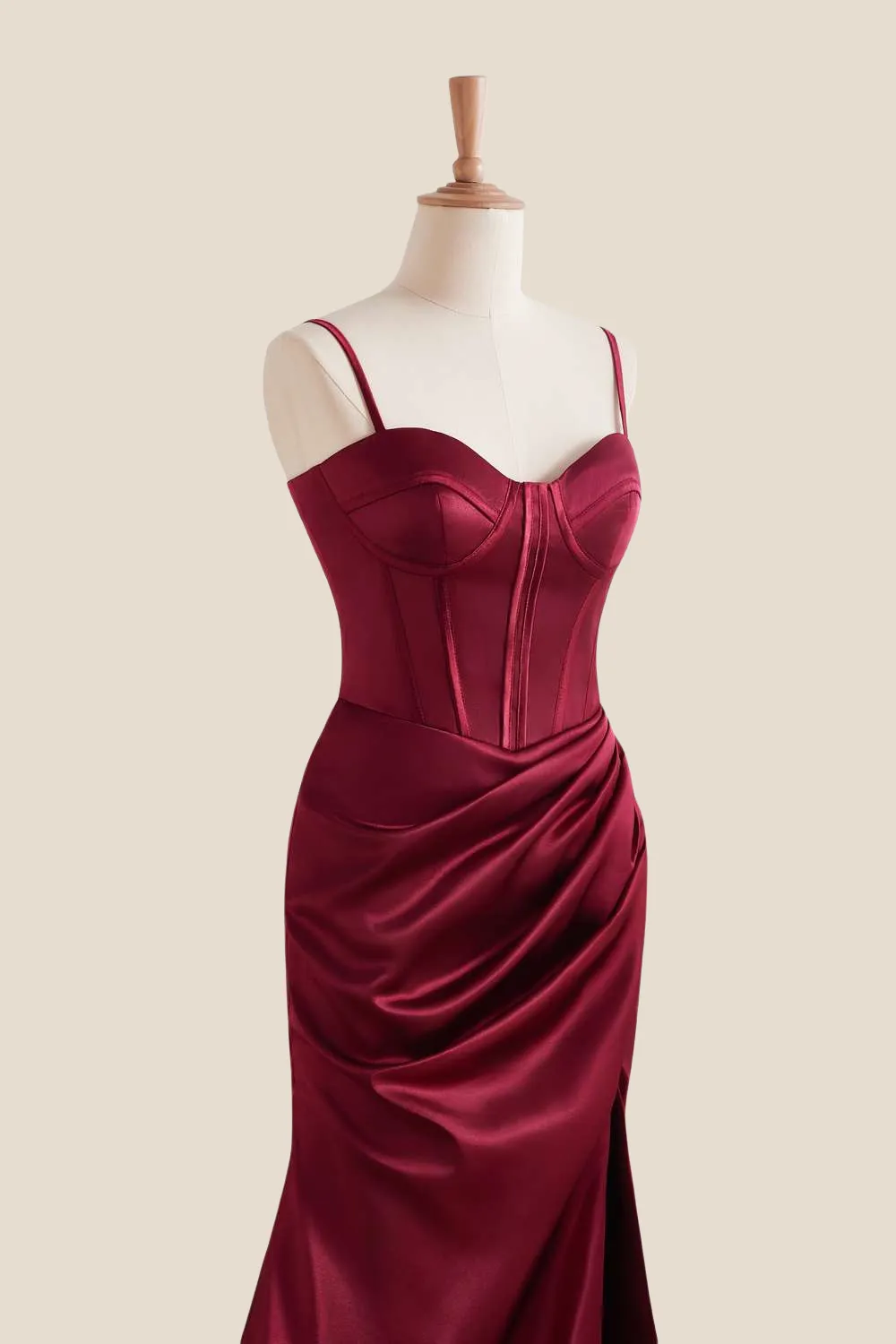 Straps Burgundy Ruched Long Dress with Slit