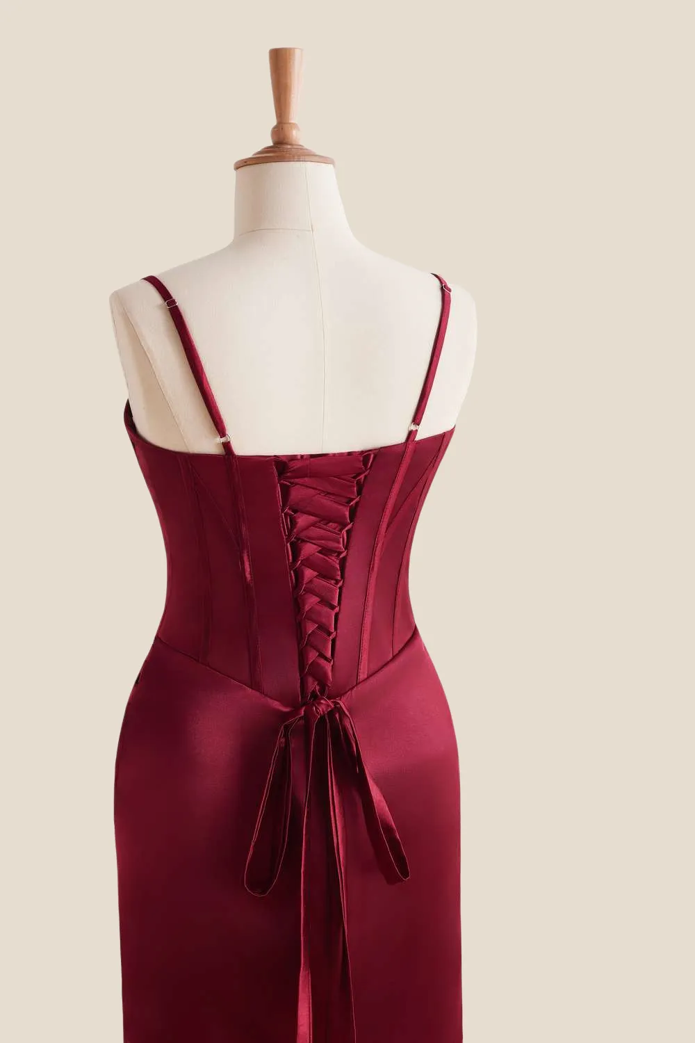 Straps Burgundy Ruched Long Dress with Slit