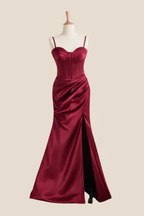 Straps Burgundy Ruched Long Dress with Slit