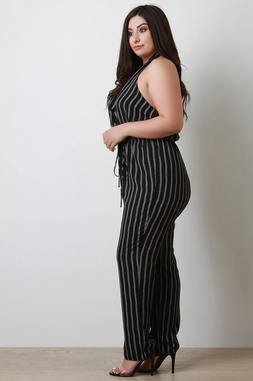 Striped Halter Waist Sash Jumpsuit