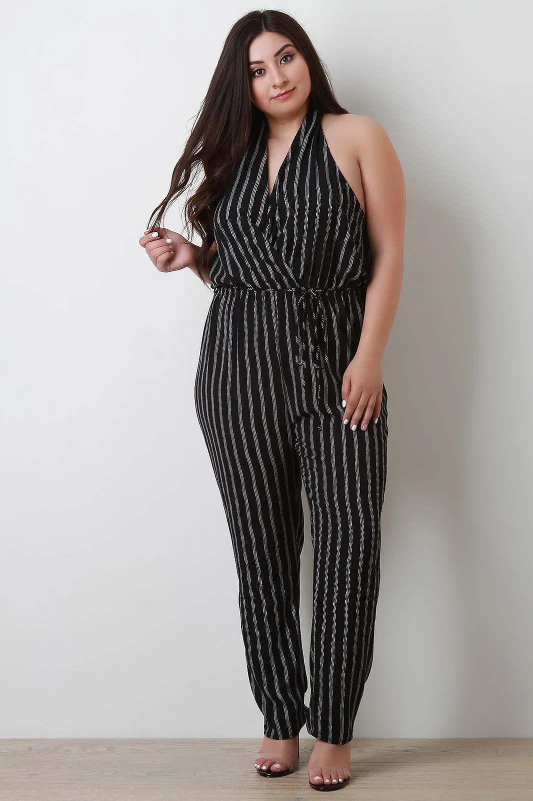 Striped Halter Waist Sash Jumpsuit