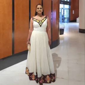 Stunning Sleeveless Brown Traditional Ethiopian Dress: with Colorful Diamond Shaped Ornaments Habesha Dress Elegant Habesha Kemis