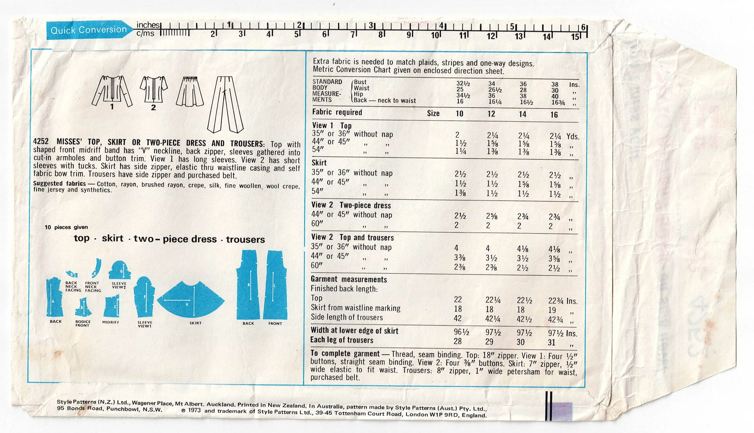 Style 4252 Womens Midriff Top Skirt & Pants 1970s Vintage Sewing Pattern Size 12 Bust 34 inches