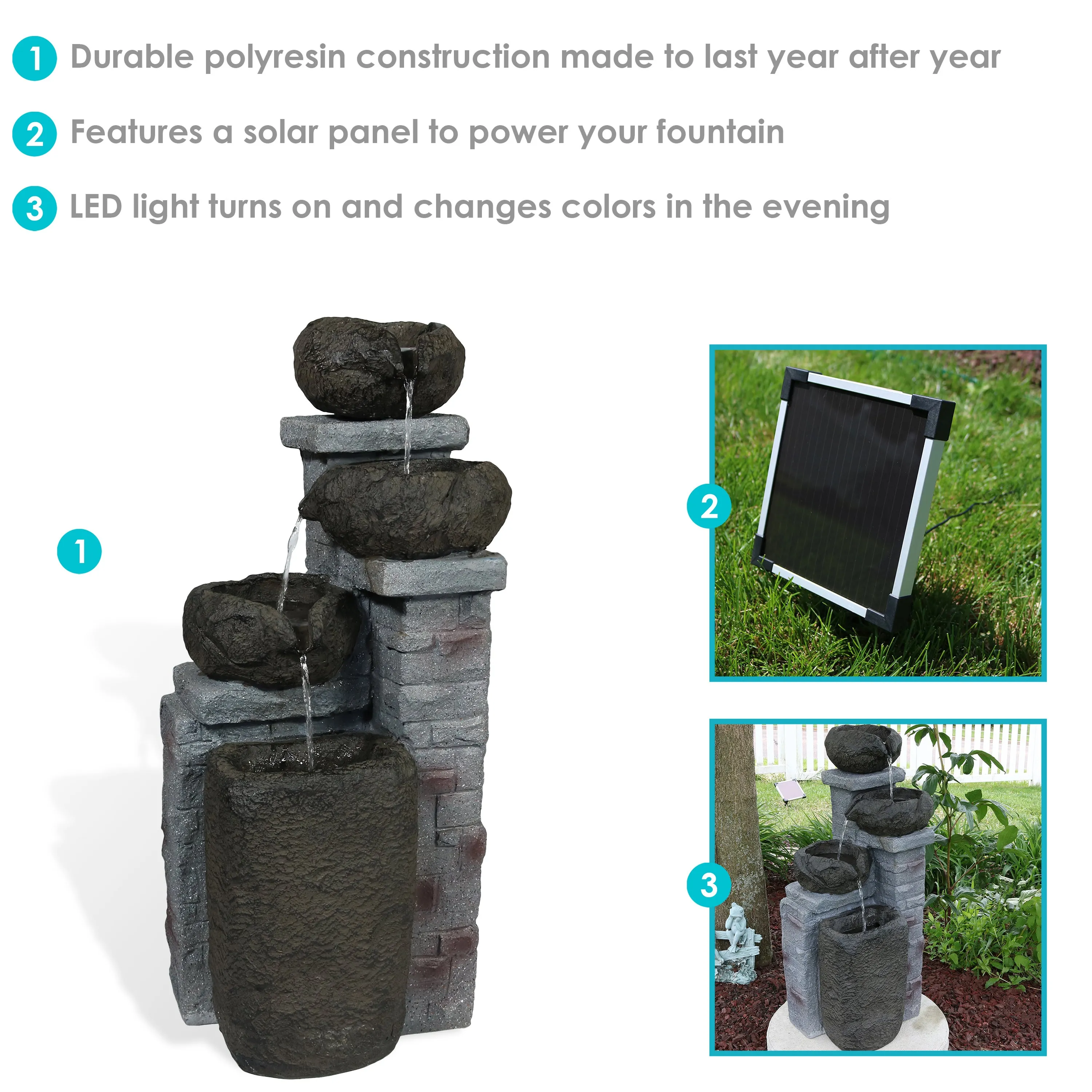 Sunnydaze Cascading Stone Bowls Solar with Battery Backup Fountain