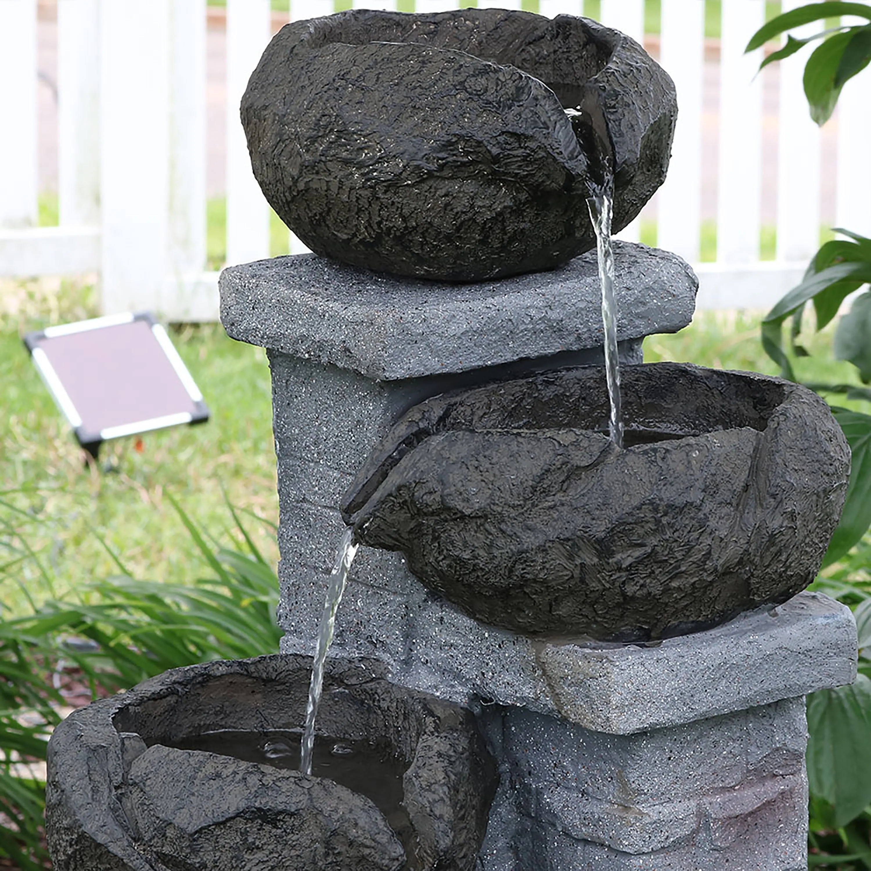 Sunnydaze Cascading Stone Bowls Solar with Battery Backup Fountain