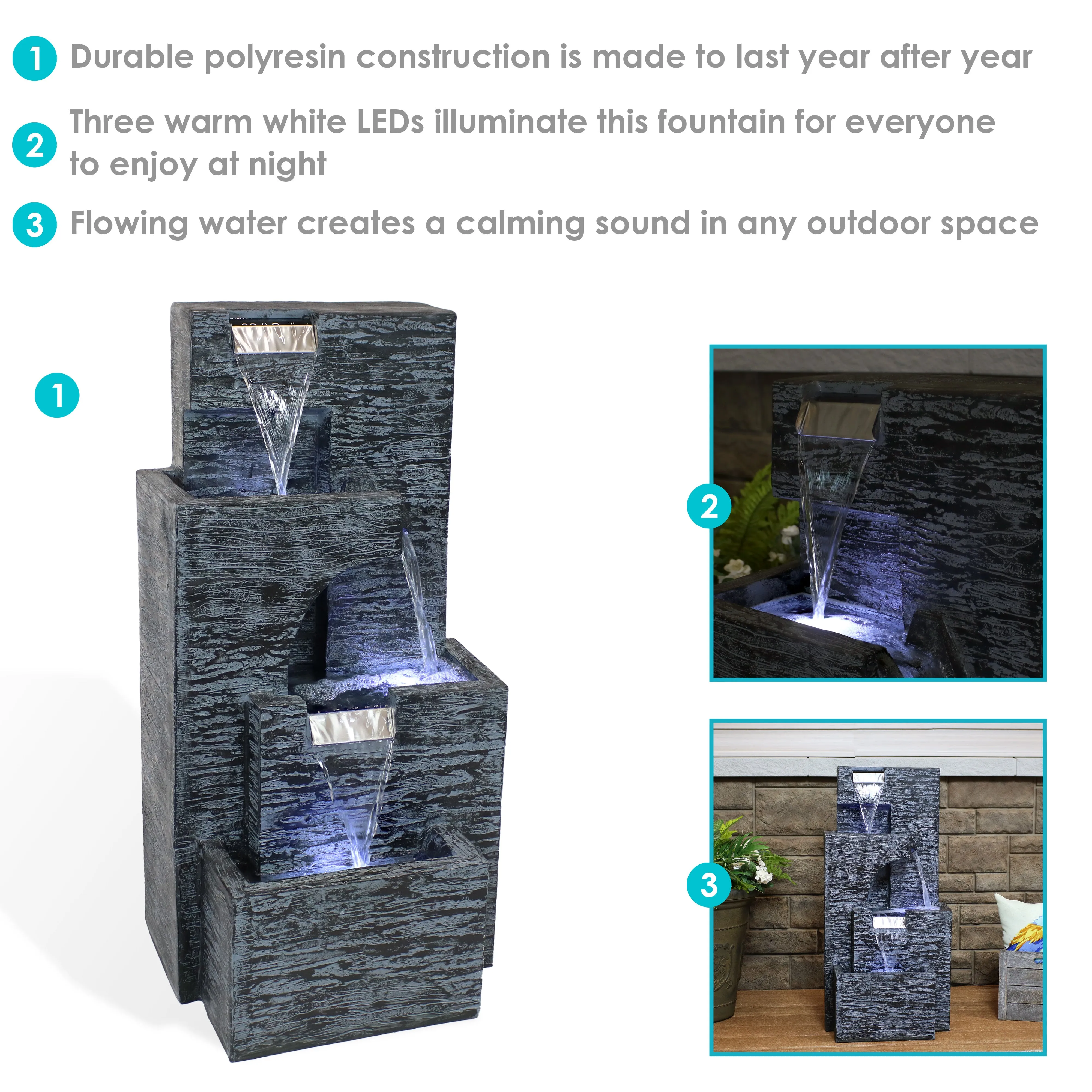 Sunnydaze Contemporary Cascading Tower Water Fountain with LED Lights and Electric Submersible Pump - 32"