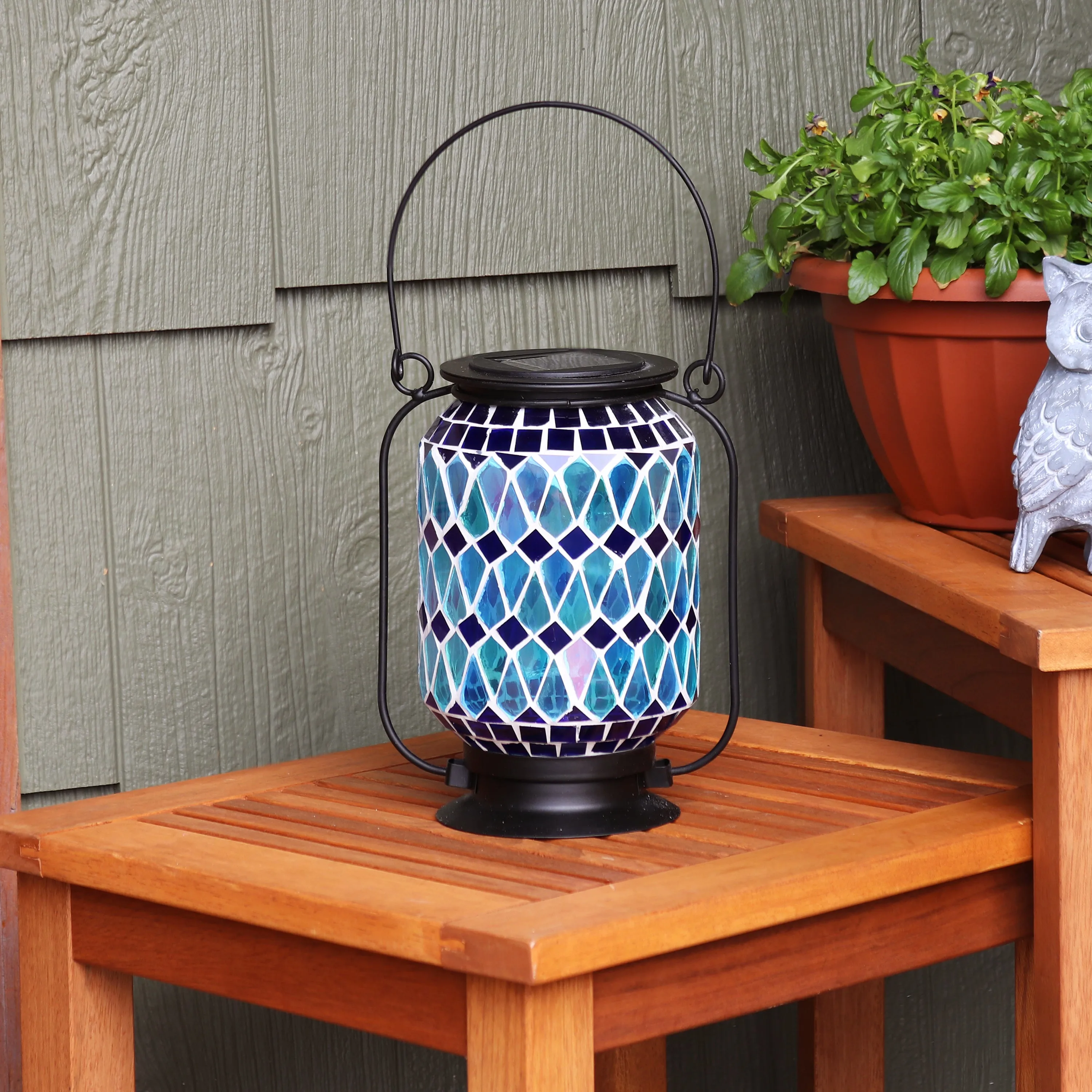 Sunnydaze Cool Blue Mosaic Glass Solar LED Lantern - 8.5"