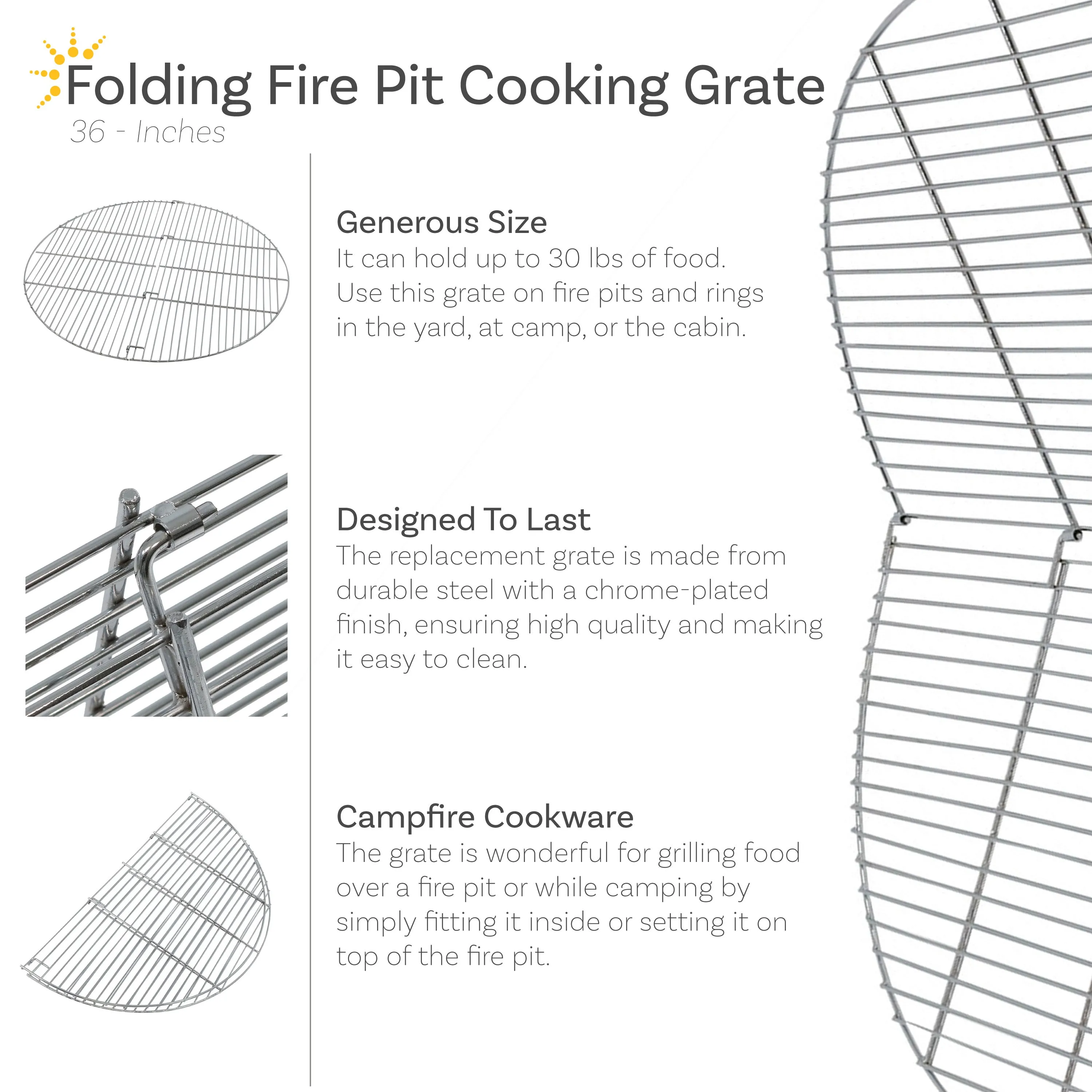 Sunnydaze Foldable, Chrome-Plated, Round Fire Pit Grill Grate