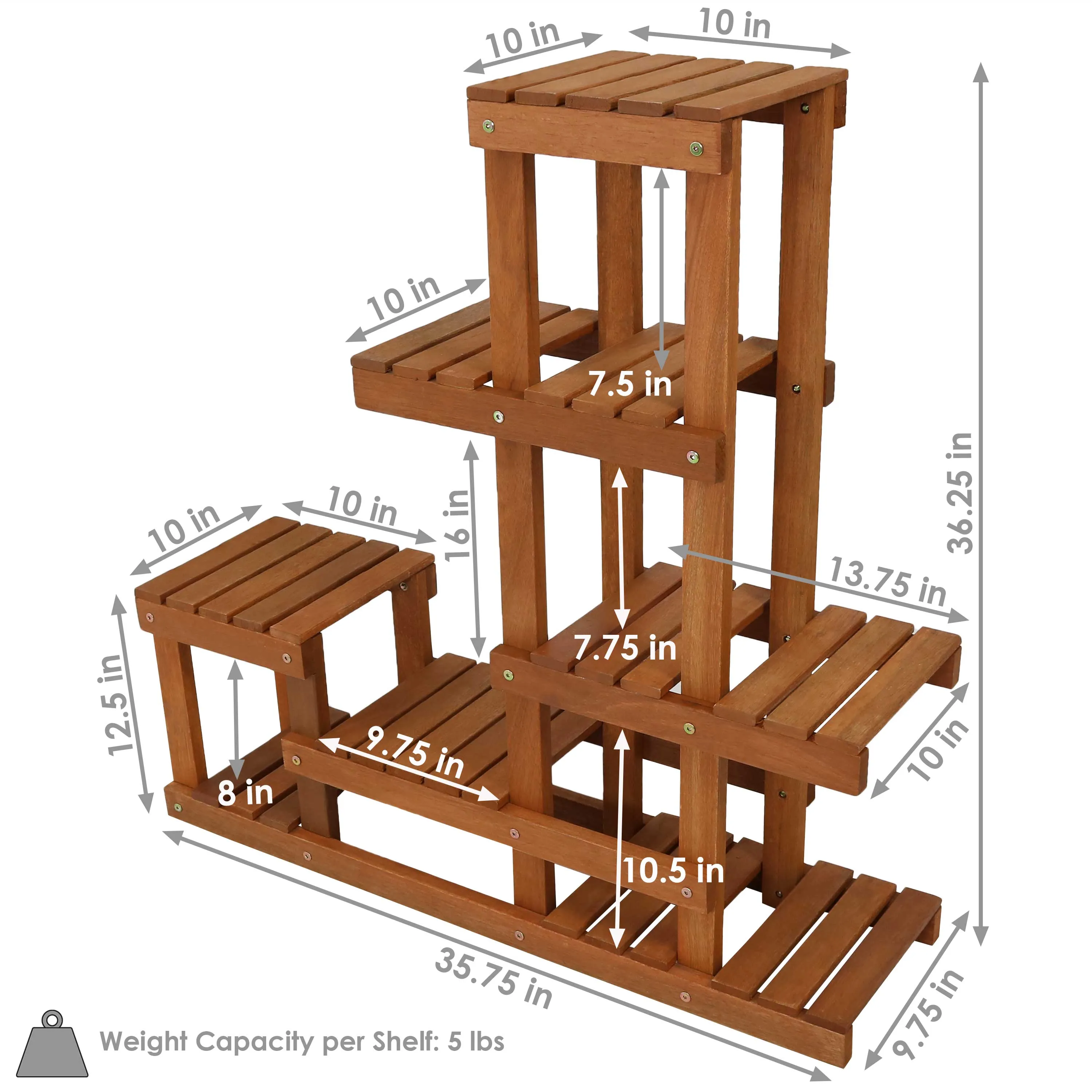 Sunnydaze Meranti Wood Multi-Tiered Plant Stand - Teak Oil Finish