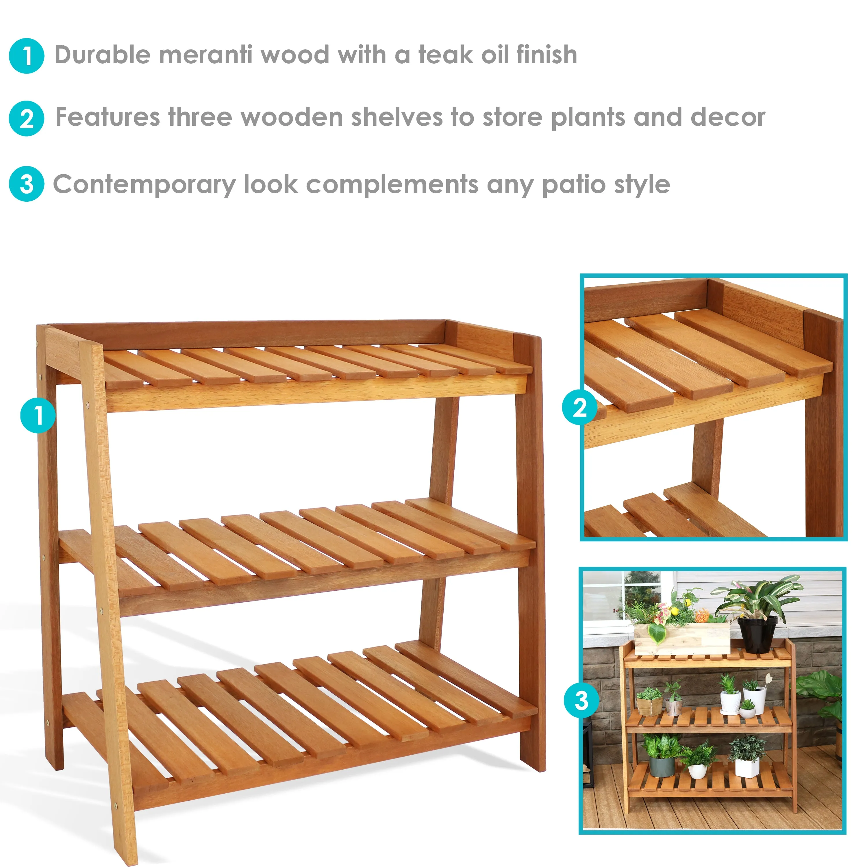 Sunnydaze Outdoor Meranti Wood Garden Shelf with Teak Oil Finish