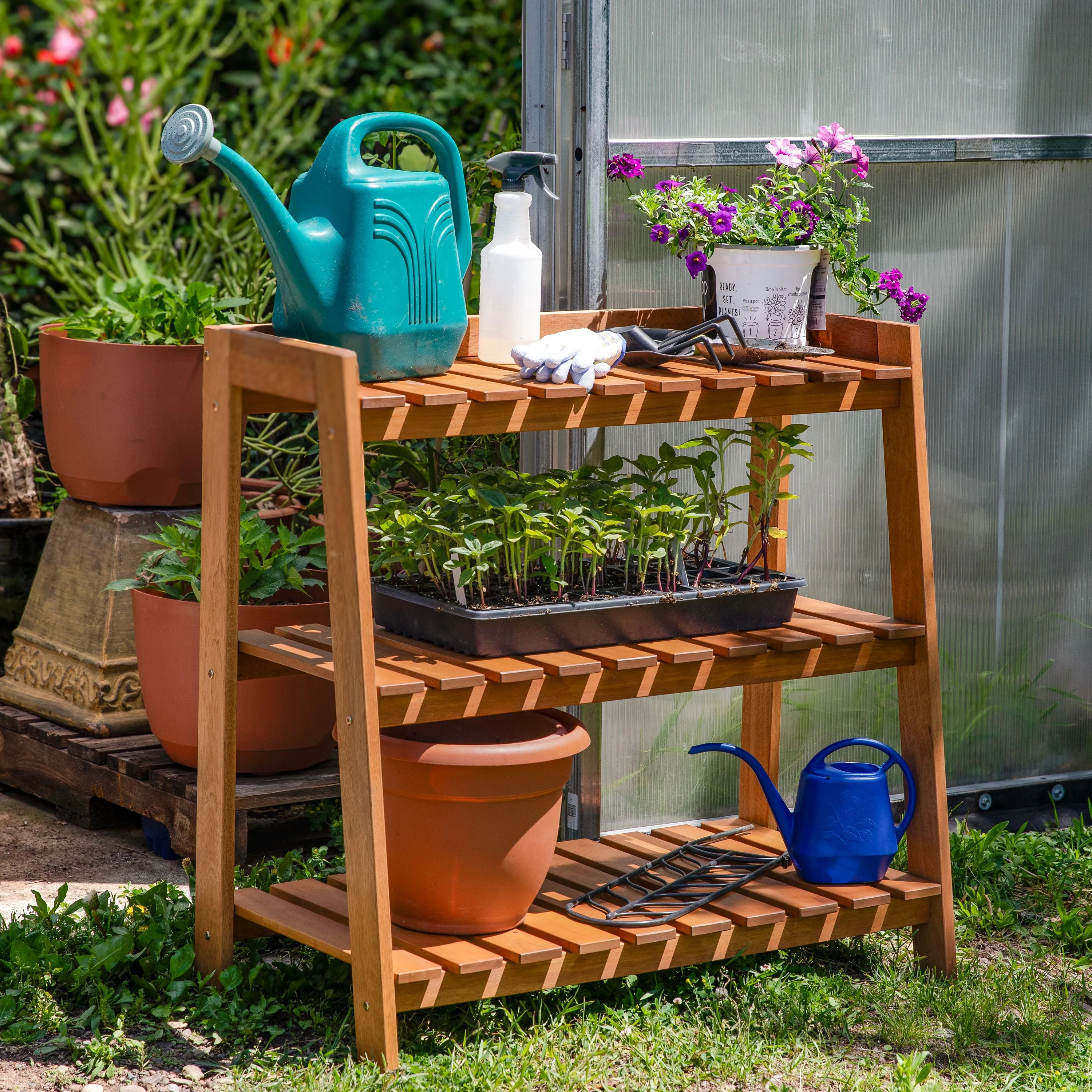 Sunnydaze Outdoor Meranti Wood Garden Shelf with Teak Oil Finish