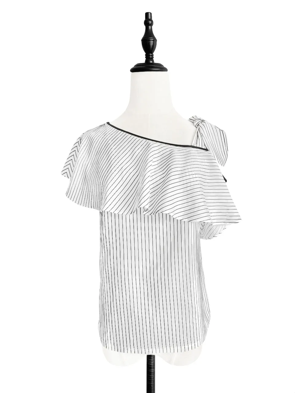 Surprise Sale! Black/ White Stripe Tie-bow One Shoulder Ruffle Top