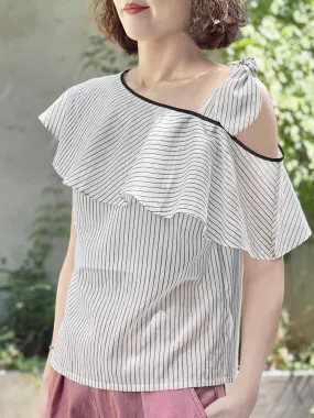 Surprise Sale! Black/ White Stripe Tie-bow One Shoulder Ruffle Top