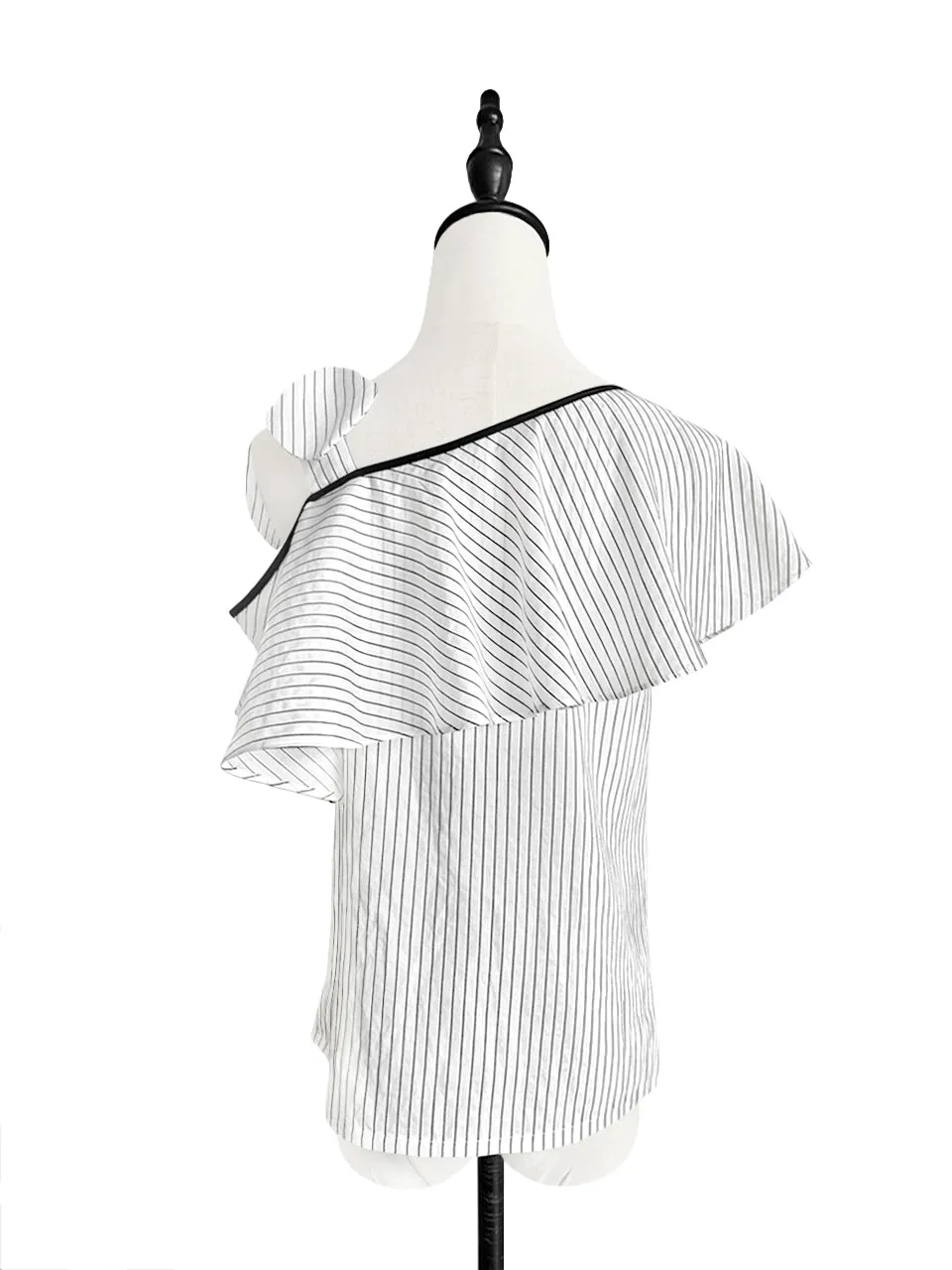 Surprise Sale! Black/ White Stripe Tie-bow One Shoulder Ruffle Top