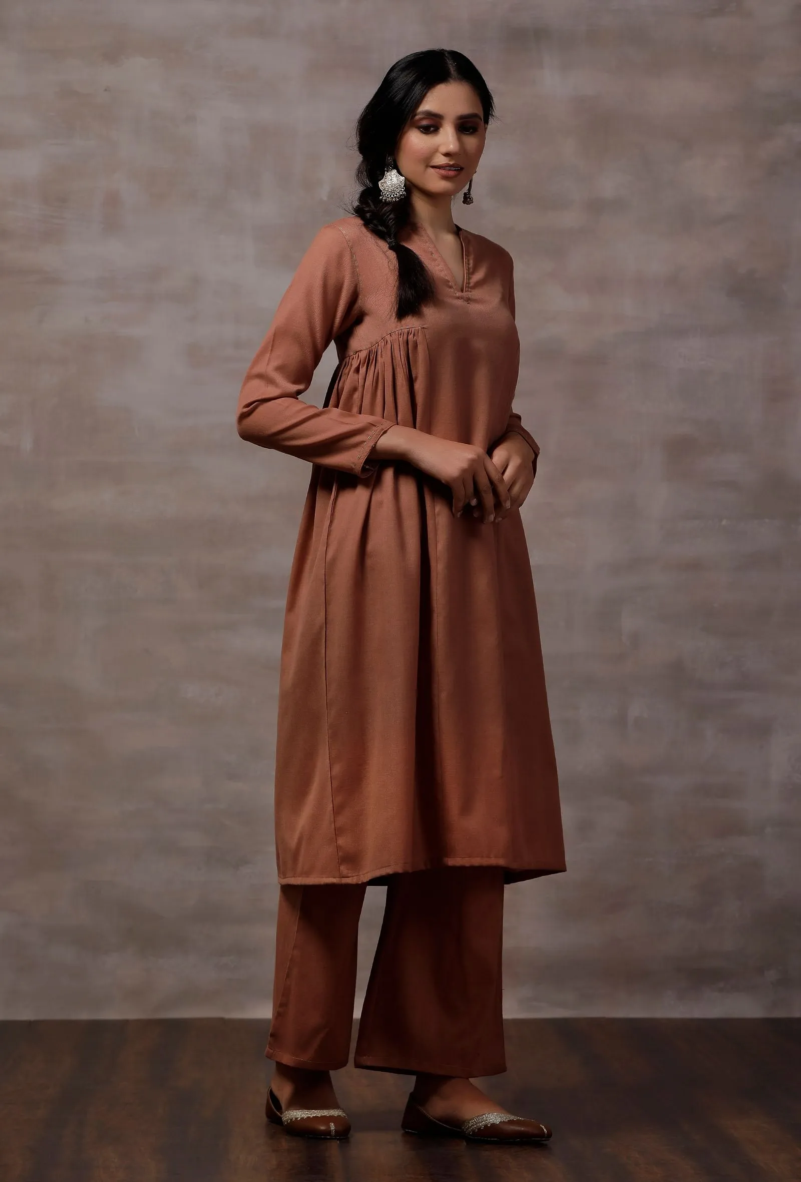 Taupe Gathered Cashmilon Kurta