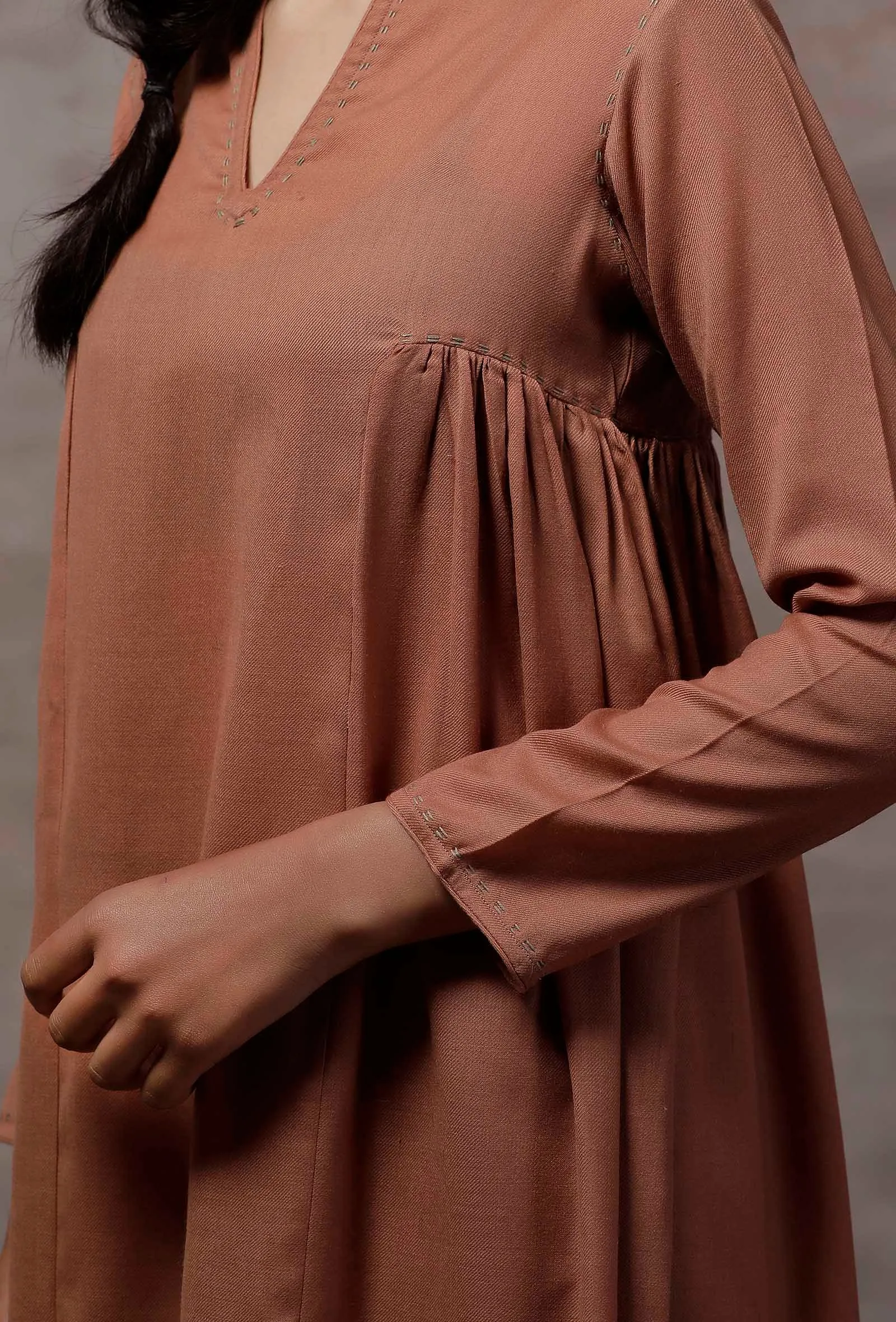 Taupe Gathered Cashmilon Kurta