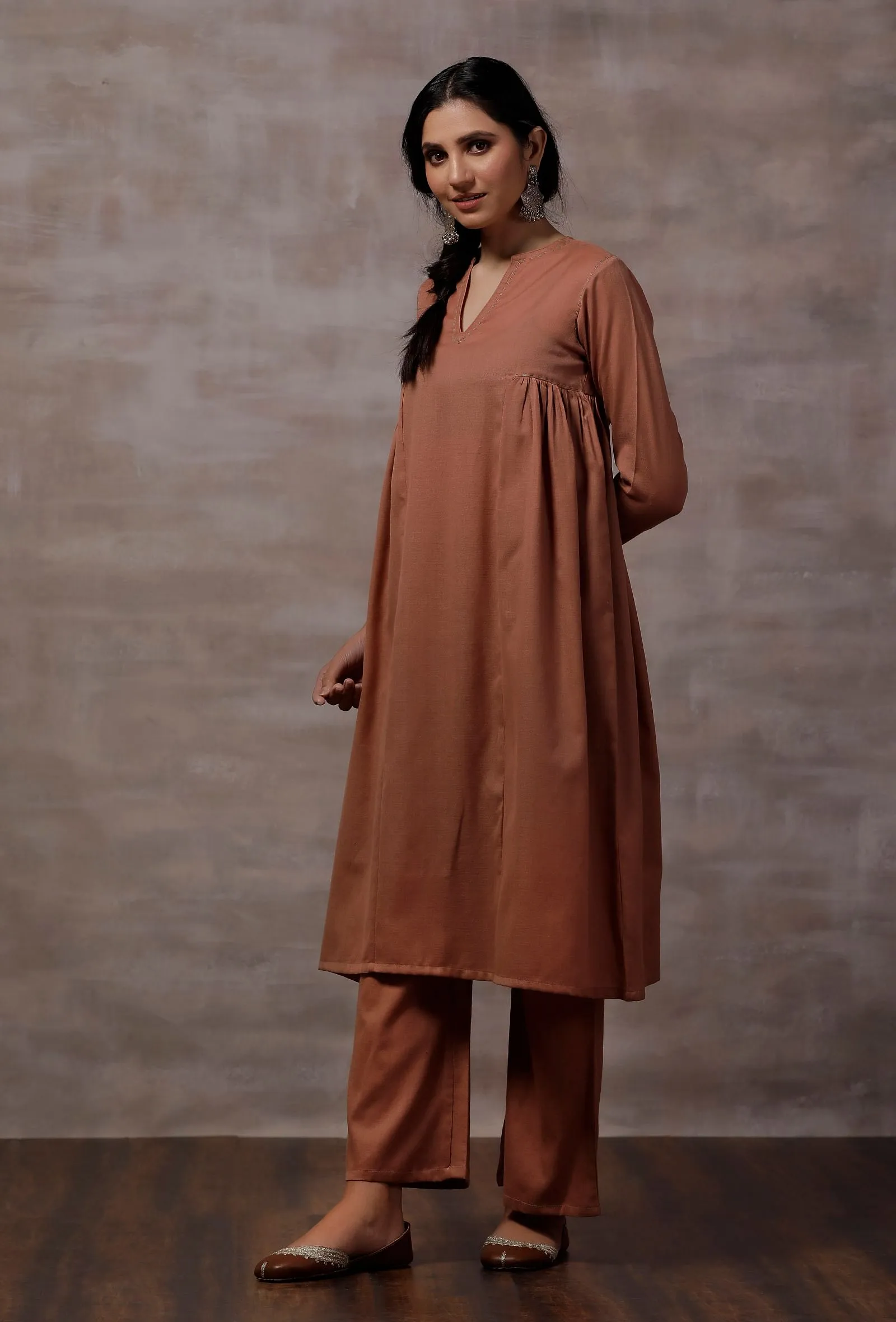 Taupe Gathered Cashmilon Kurta