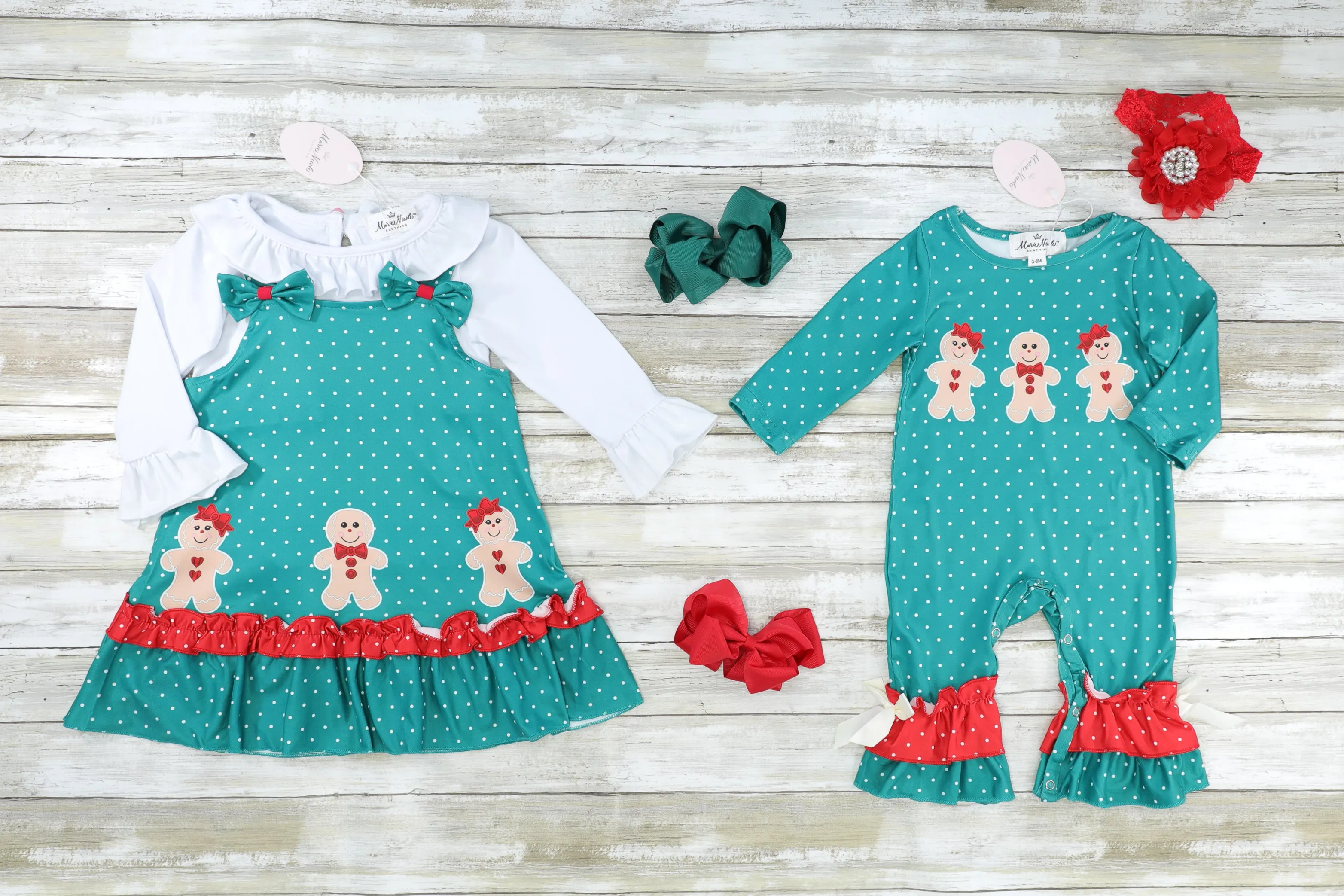 Teal Polka Dot Gingerbread Ruffle Overall Set