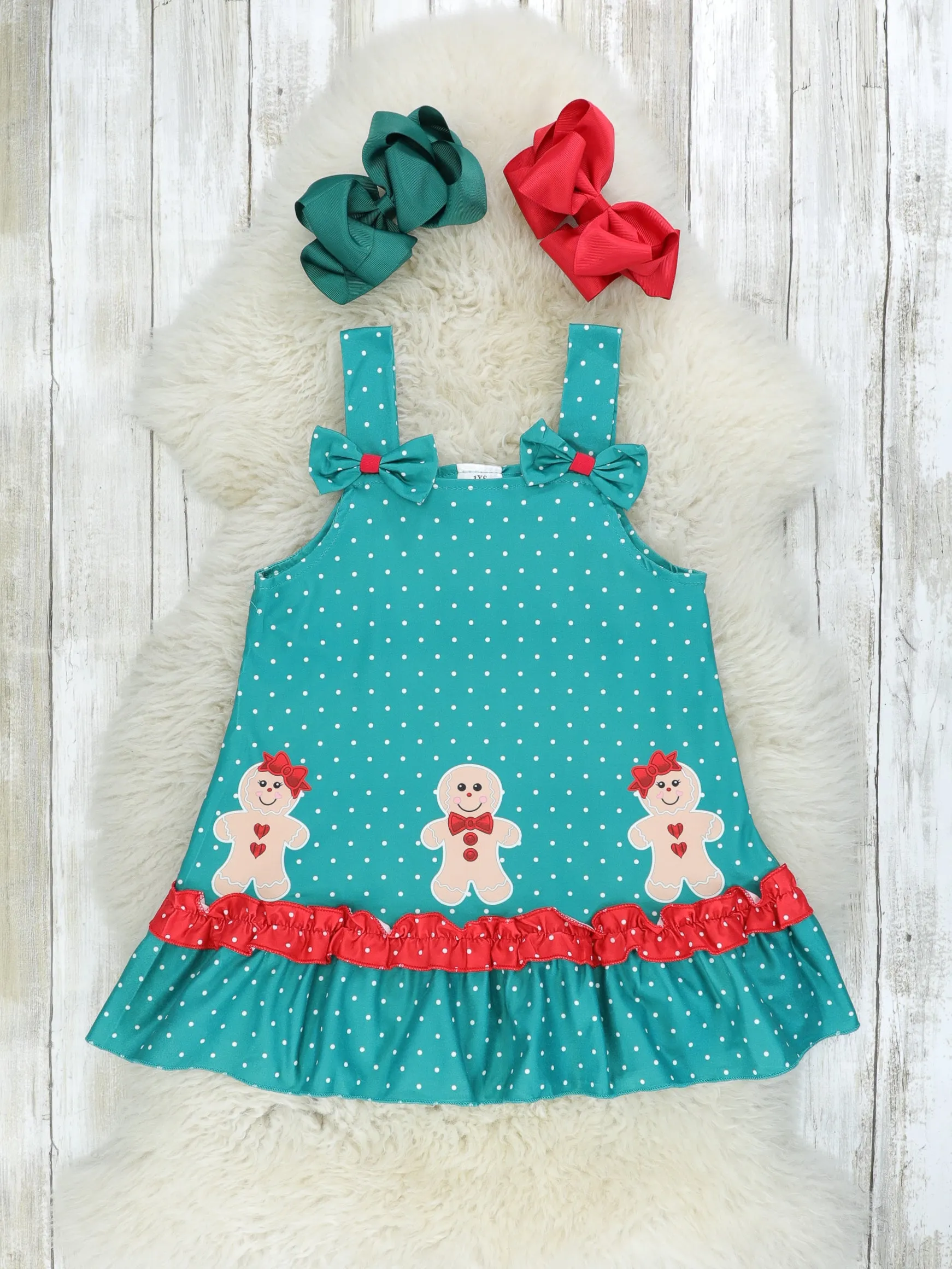 Teal Polka Dot Gingerbread Ruffle Overall Set