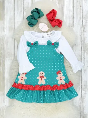 Teal Polka Dot Gingerbread Ruffle Overall Set