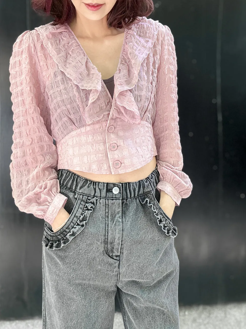 Textured Pink Buttoned Waist Ruffles Crop Top